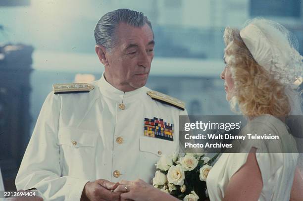 Robert Mitchum, Victoria Tennant appearing in the ABC tv mini-series 'War and Remembrance'.