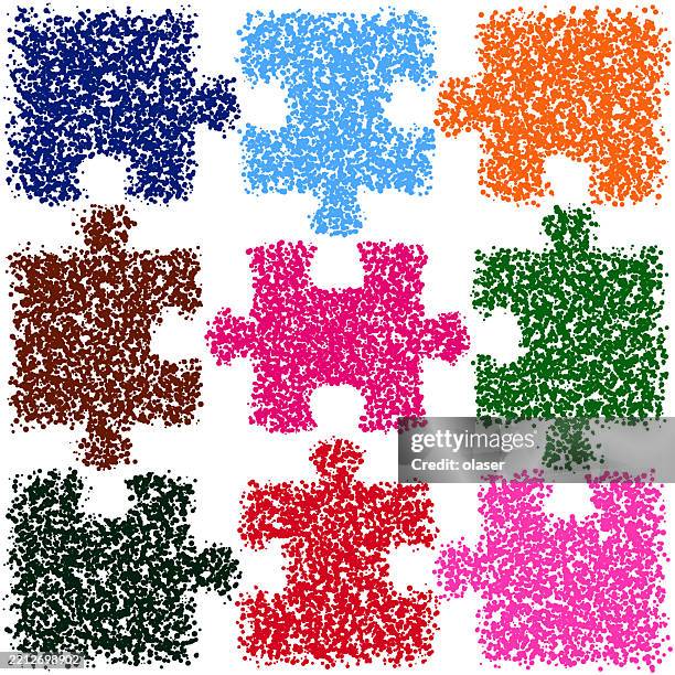 abstract puzzle pieces arranged sprayfully, distorted dots pattern - disability collection stock illustrations