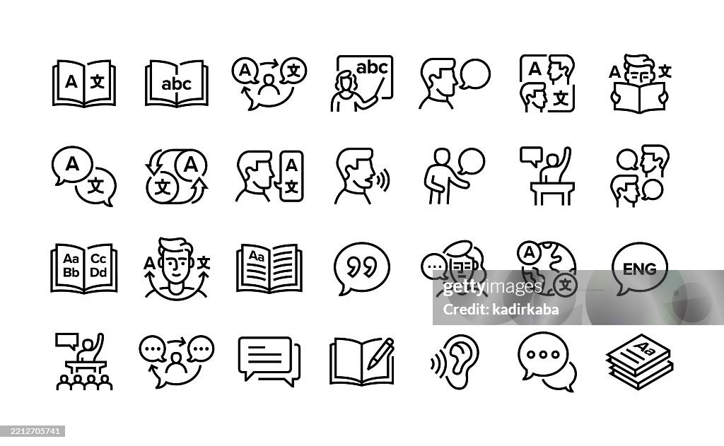 Language line icon set. Group of object. Grammar, linguistics, language skills, bilingual, dialect, dictionary,