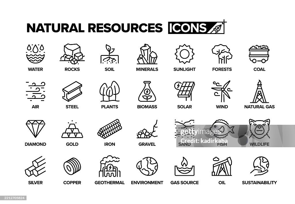 Natural resources line icon set. Group of object. Iron, steel, metal, stone, gas, oil, coal, mineral.