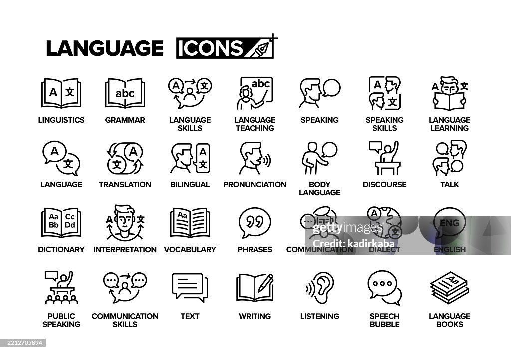 Language line icon set. Group of object. Grammar, linguistics, language skills, bilingual, dialect, dictionary,