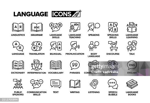 stockillustraties, clipart, cartoons en iconen met language line icon set. group of object. grammar, linguistics, language skills, bilingual, dialect, dictionary, - vertaling