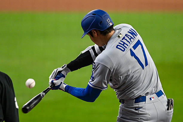 Los Angeles designated hitter Shohei Ohtani swings at a pitch during the MLB game between the Los Angeles Dodgers and the Atlanta Braves on May 3rd,...