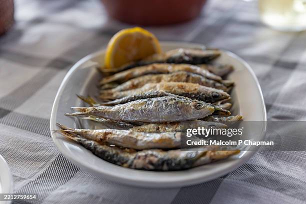 grilled sardines, from the bay of kalloni, lesvos, greece - sardine photos et images de collection