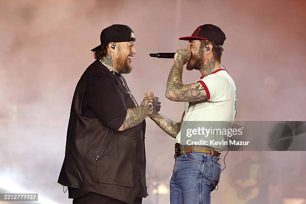 Jelly Roll and Post Malone perform onstage during Post Malone Presents: The BIG ASS Stadium Tour Kick Off at Rice Eccles Stadium on April 29, 2025 in...