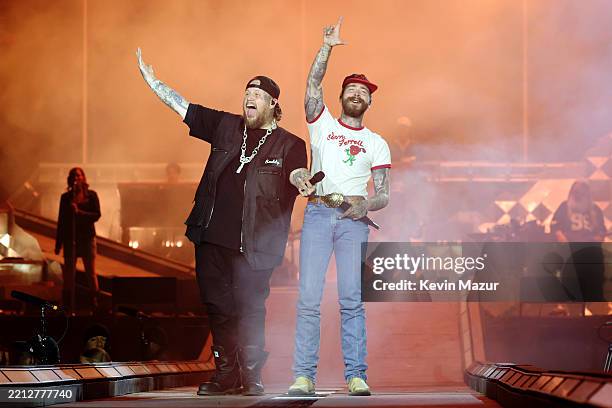 Jelly Roll and Post Malone perform onstage during Post Malone Presents: The BIG ASS Stadium Tour Kick Off at Rice Eccles Stadium on April 29, 2025 in...