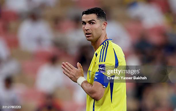 Cristiano Ronaldo of Al Nassr reacts during the AFC Champions League Elite Semi Final between Al Nassr and Kawasaki Frontale at King Abdullah Sports...