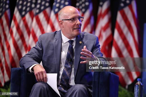 Chairman John Moolenaar , House Select committee on China speaks on stage during The Hill & Valley Forum 2025 at The U.S. Capitol Visitor Center on...