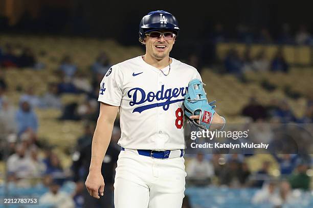 Enrique Hernández of the Los Angeles Dodgers reacts after a pitch during the ninth inning against the Miami Marlins at Dodger Stadium on April 29,...
