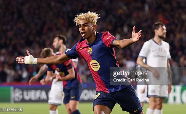 Lamine Yamal of FC Barcelona celebrates scoring his team's first goal during the UEFA Champions League 2024/25 Semi Final First Leg match between FC...