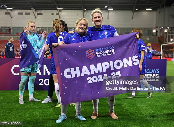 Erin Cuthbert and Millie Bright of Chelsea pose for a photo following victory and winning the Barclays WSL title following the Barclays Women's Super...