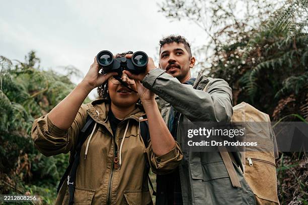 young couple hiking in the forest and watching birds through binoculars - bird watching stock pictures, royalty-free photos & images