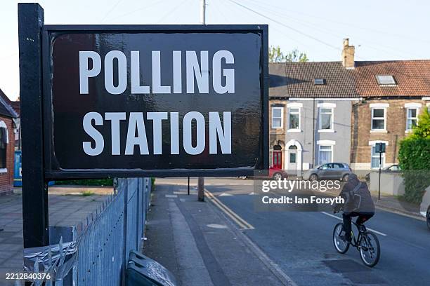 Sign reading "Polling Station" is seen during local elections on May 01, 2025 in Hull, England. Voters across England will elect four regional mayors...