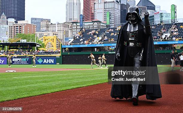 Darth Vader cosplayer walks on the field before the game between the San Diego Padres and the Pittsburgh Pirates at PNC Park on May 4, 2025 in...