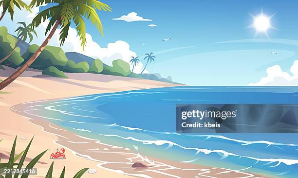 idyllic tropical beach with palm trees - lagoon stock illustrations