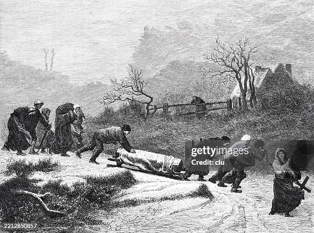 funeral in the vosges, people pulling and pushing the coffin - widow stock illustrations