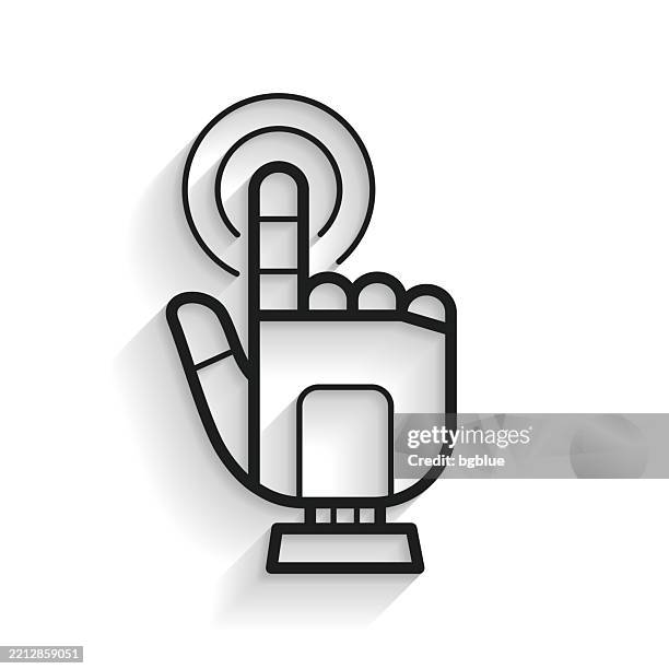 robot hand touch - click. line icon with long shadow on white background - robotics white background stock illustrations