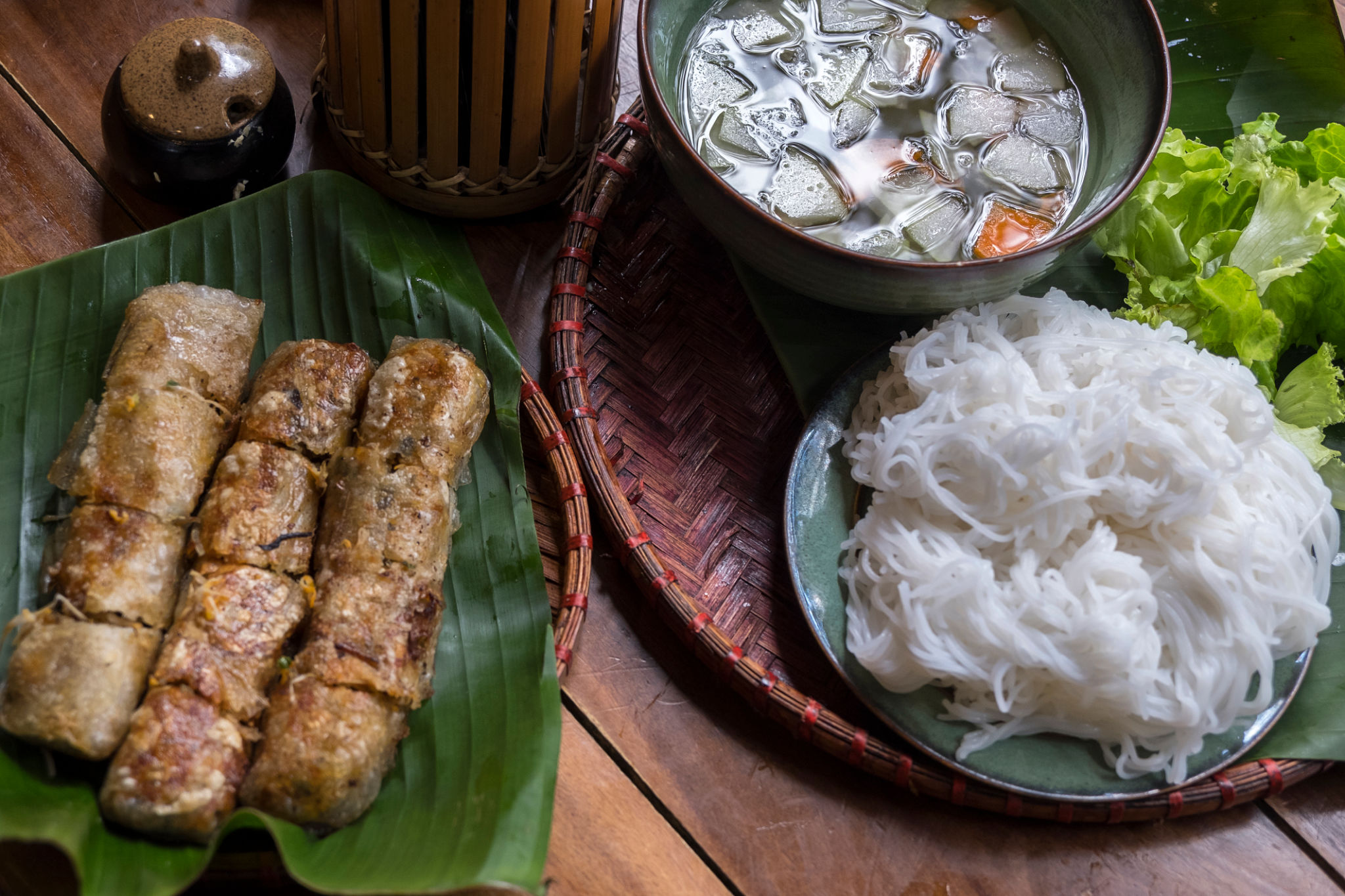 Beef rolls, rice noodles and Vietnamese Pho Bo soup Beef rolls, rice noodles and Vietnamese Pho Bo soup
