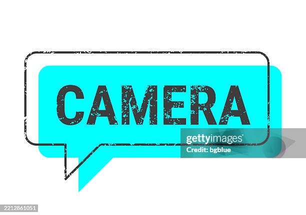 illustrations, cliparts, dessins animés et icônes de appareil photo - bulle de dialogue grunge bleu sur fond blanc - vintage logo rectangle