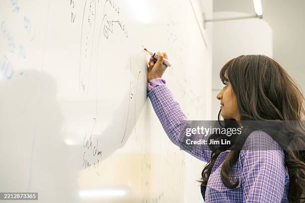 female graduate student explaining algorithm on whiteboard - graduate program stock pictures, royalty-free photos & images