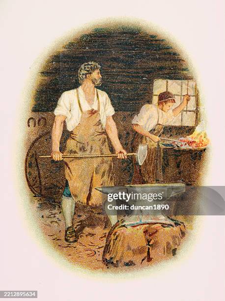 illustrations, cliparts, dessins animés et icônes de forgeron victorien dans sa forge, atelier, tenant un marteau, enclume, 19ème siècle - maréchal ferrant