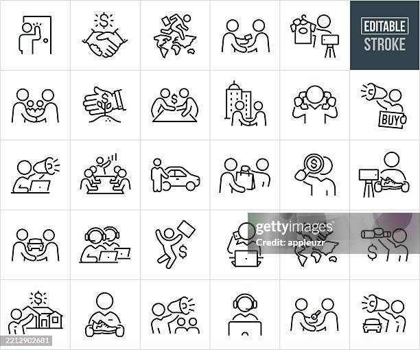 ilustraciones, imágenes clip art, dibujos animados e iconos de stock de iconos de línea delgada de vendedor - trazo editable - los iconos incluyen un vendedor, vendedoras, vendedoras, vendedor, vendedor, trato, apretón de manos, ventas globales, representante de ventas, ingresos, presentación de ventas, vendedor de automóv - subasta