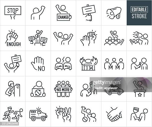 protest thin line icons - editable stroke - icons include protestors with signs, protestors raising fits in the air, protest leader, bullhorn, shouting, group of protestors, riot, activist, solidarity, unity, cause, change, riot police - protest stock illustrations