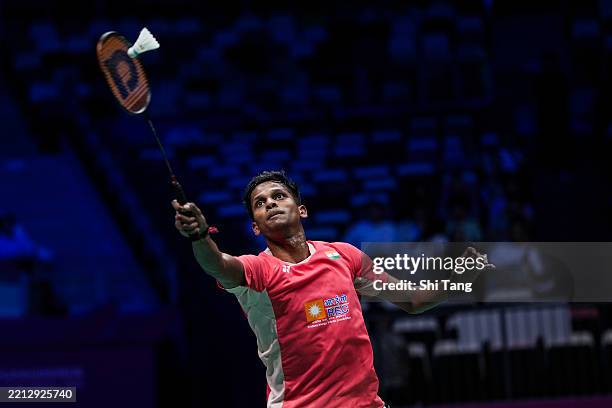 Sathish Kumar Karunakaran of India competes in the Men's Singles Round Robin match against Harry Huang of England during day five of the Sudirman Cup...