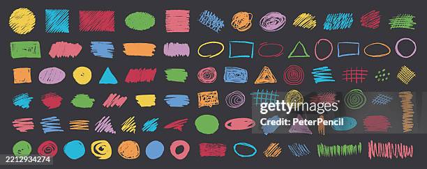 ilustrações de stock, clip art, desenhos animados e ícones de hand drawn chalk and marker pen brush vector set of colored scribble doodle shapes and lines on dark background. decorative sketch elements for notes, infographics, presentations, and creative design. - desenho a giz