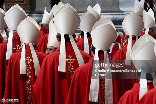Cardinals attend the Sixth Novendiale mass on May 01, 2025 in Vatican City, Vatican. Funeral rites for the late Pope Francis are held for nine days...