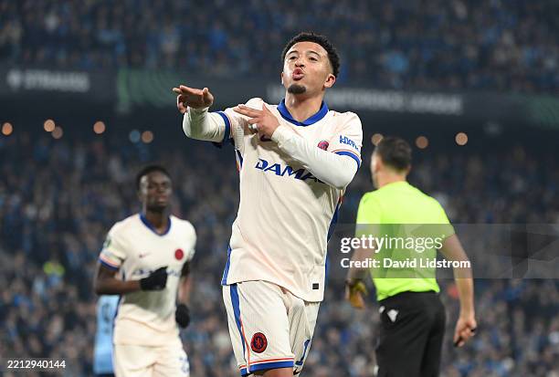Jadon Sancho of Chelsea celebrates scoring his team's first goal during the UEFA Conference League 2024/25 Semi Final First Leg match between...