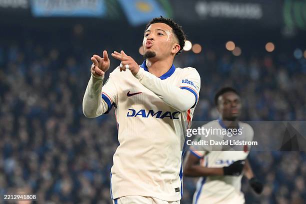 Jadon Sancho of Chelsea celebrates scoring his team's first goal during the UEFA Conference League 2024/25 Semi Final First Leg match between...