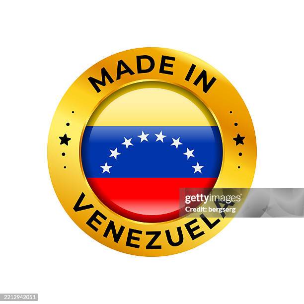 ilustraciones, imágenes clip art, dibujos animados e iconos de stock de etiqueta hecho en venezuela. insignia vectorial redonda dorada, sello, icono con bandera nacional de venezuela y texto. aislado sobre fondo blanco - bandera de venezuela