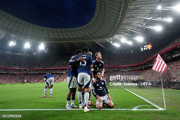 Casemiro of Manchester United celebrates scoring his team's first goal with teammates during the UEFA Europa League 2024/25 Semi Final First Leg...