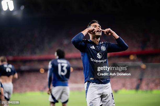 Casemiro of Manchester United celebrates scoring their first goaln during the UEFA Europa League 2024/25 Semi Final First Leg match between Athletic...