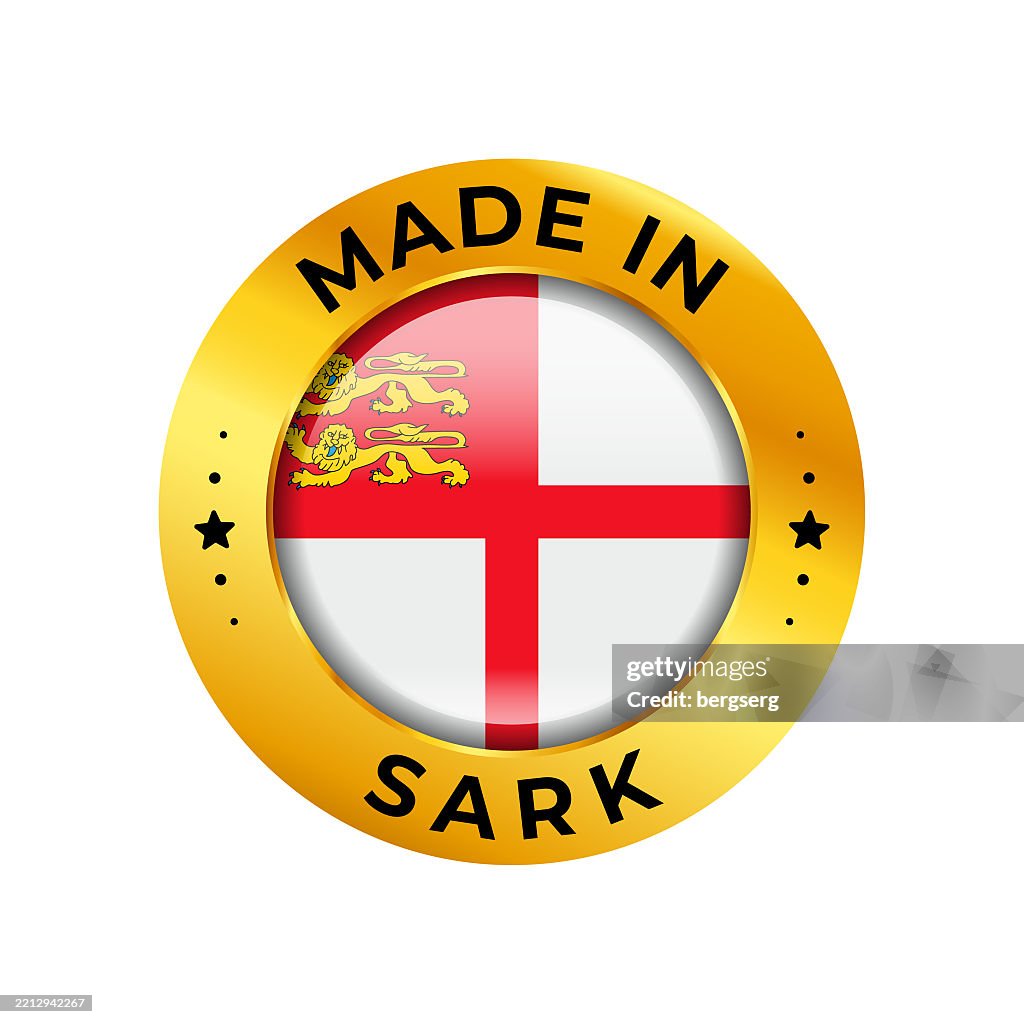 Made in Sark Label. Gold Round Vector Badge, Stamp, Icon with National Flag of Sark and Text. Isolated on White Background