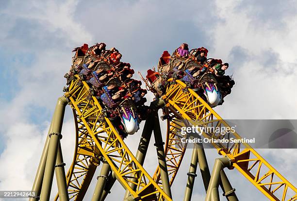 Guests ride Stardust Racers, a new dueling roller coaster ride in Celestial Park during a preview day for Universal Epic Universe on April 5, 2025....
