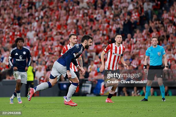 Bruno Fernandes of Manchester United celebrates scoring his team's second goal during the UEFA Europa League 2024/25 Semi Final First Leg match...