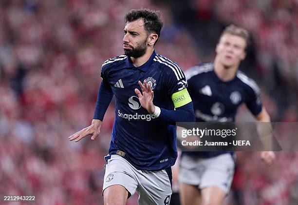 Bruno Fernandes of Manchester United celebrates scoring his team's second goal during the UEFA Europa League 2024/25 Semi Final First Leg match...