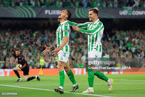 Antony of Real Betis celebrates scoring his team's second goal during the UEFA Conference League 2024/25 Semi Final First Leg match between Real...