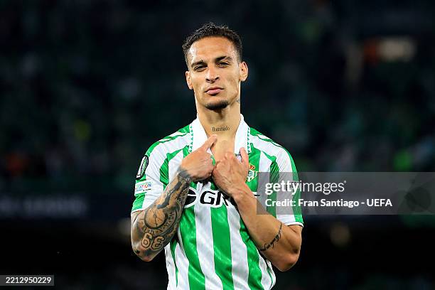 Antony of Real Betis celebrates scoring his team's second goal during the UEFA Conference League 2024/25 Semi Final First Leg match between Real...