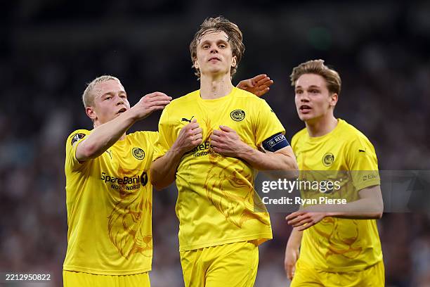 Ulrik Saltnes of FK Bod/Glimt celebrates scoring his team's first goal during the UEFA Europa League 2024/25 Semi Final First Leg match between...