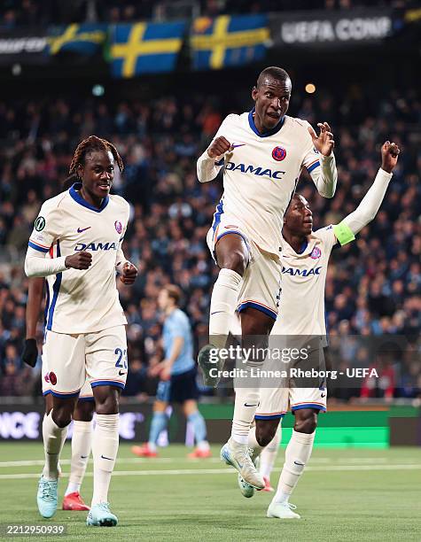 Nicolas Jackson of Chelsea celebrates scoring his team's fourth goal during the UEFA Conference League 2024/25 Semi Final First Leg match between...
