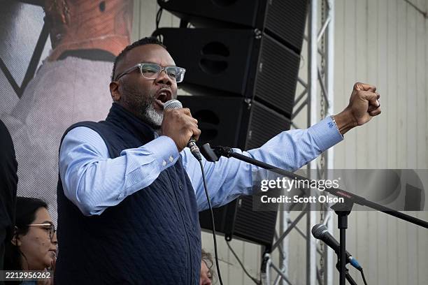 Chicago Mayor Brandon Johnson speaks to demonstrators in Grant Park who were protesting the policies of President Donald Trump and showing their...