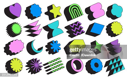 Set of Retro Brutalist geometric label shapes with 2000s style Y2K Style in neon colors Set of Retro Brutalist geometric label shapes with 2000s style Y2K Style in neon colors