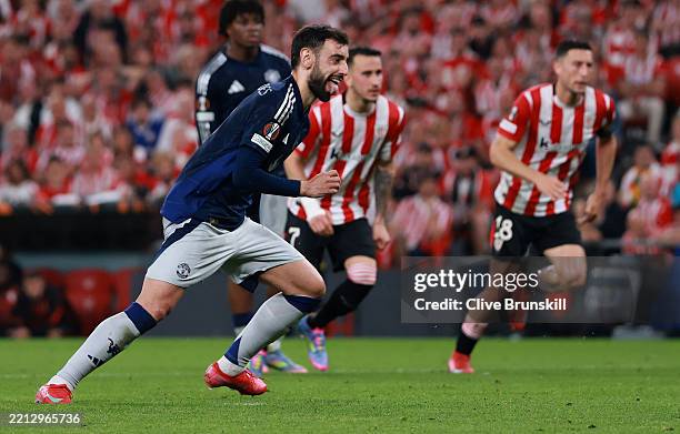 Bruno Fernandes of Manchester United runs off to celebrate after scoring his team's second goal from the penalty spot during the UEFA Europa League...