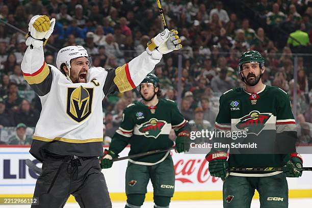 Shea Theodore of the Vegas Golden Knights celebrates after scoring a goal against the Minnesota Wild during the first period in Game Six of the First...