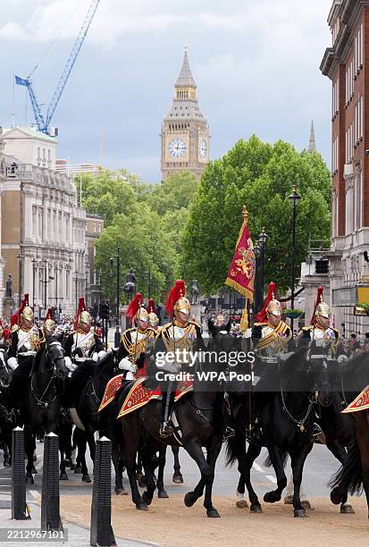 Members of the Household Cavalry Mounted Regiment during a military procession marking the 80th anniversary of VE Day, and in honour of those who...