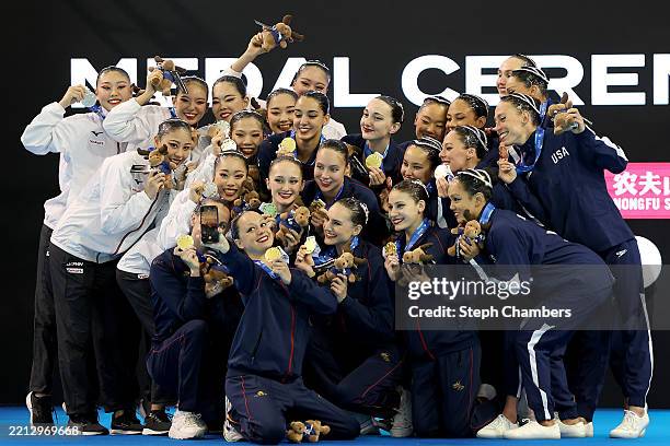 Team Japan, Team Spain and Team United States pose with medals after the team technical finals at Markham Pan Am Centre on May 01, 2025 in Markham,...