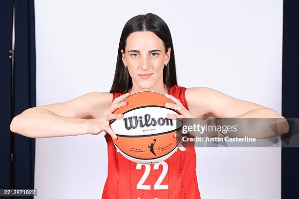 Caitlin Clark of the Indiana Fever poses for a photo during the Indiana Fever Media Day at Gainbridge Fieldhouse on April 30, 2025 in Indianapolis,...